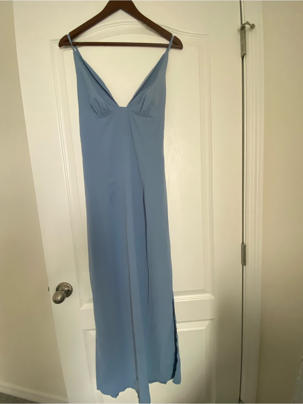 NWOT SHEIN Powder Blue Slip Midi Dress with Spaghetti Straps, side slit